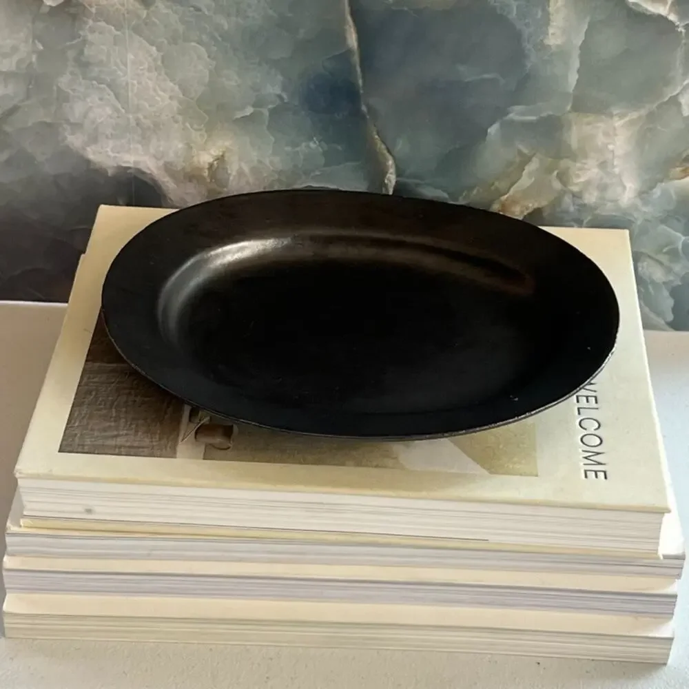 Black Clay Trinket Dish Tray Plate With Raised Edges 8.5 in Unique Marked